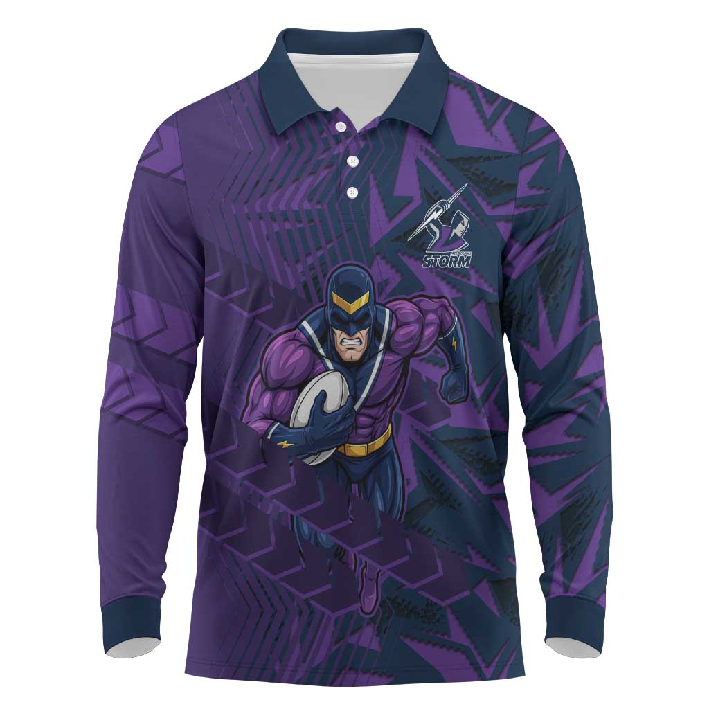Melbourne Storm Rugby Long Sleeve Polo Shirt Fierce Mascot Geometric Tribal Art