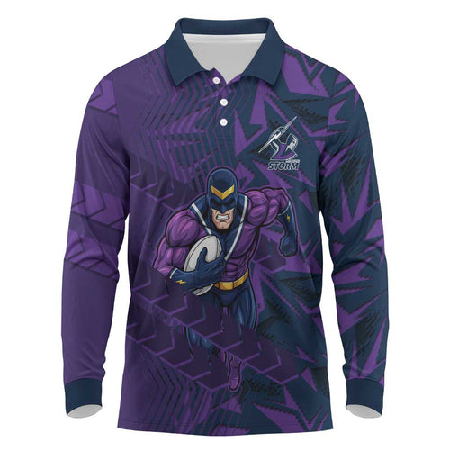 Melbourne Storm Rugby Long Sleeve Polo Shirt Fierce Mascot Geometric Tribal Art