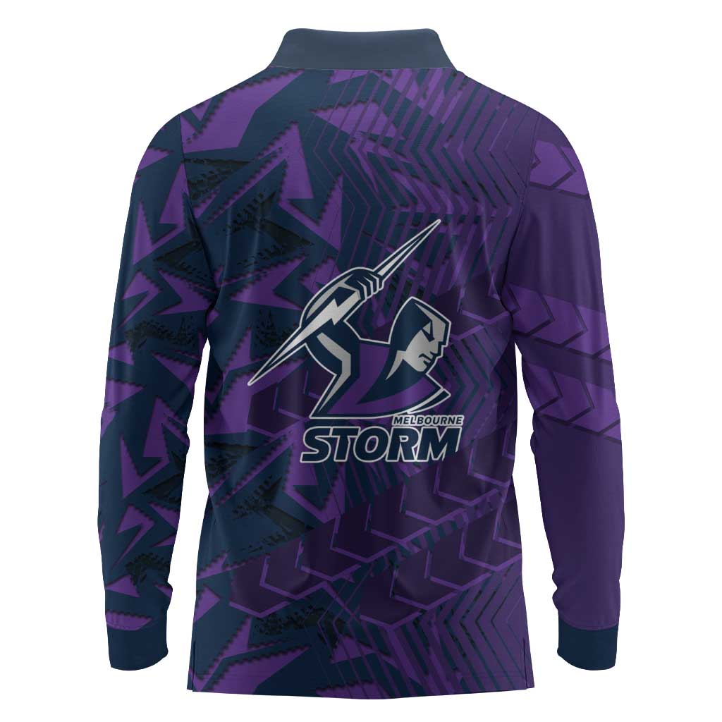 Melbourne Storm Rugby Long Sleeve Polo Shirt Fierce Mascot Geometric Tribal Art