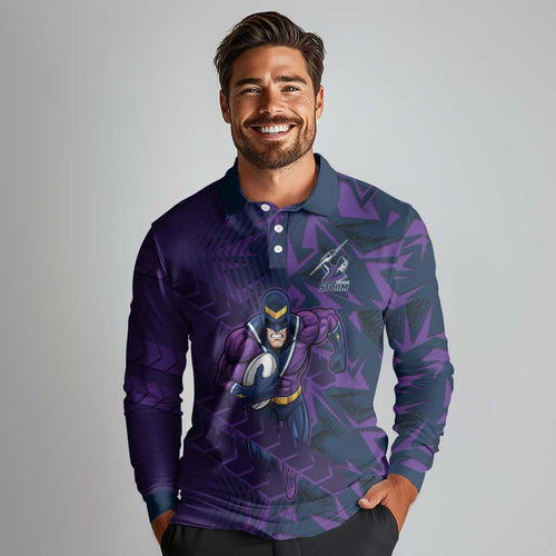 Melbourne Storm Rugby Long Sleeve Polo Shirt Fierce Mascot Geometric Tribal Art