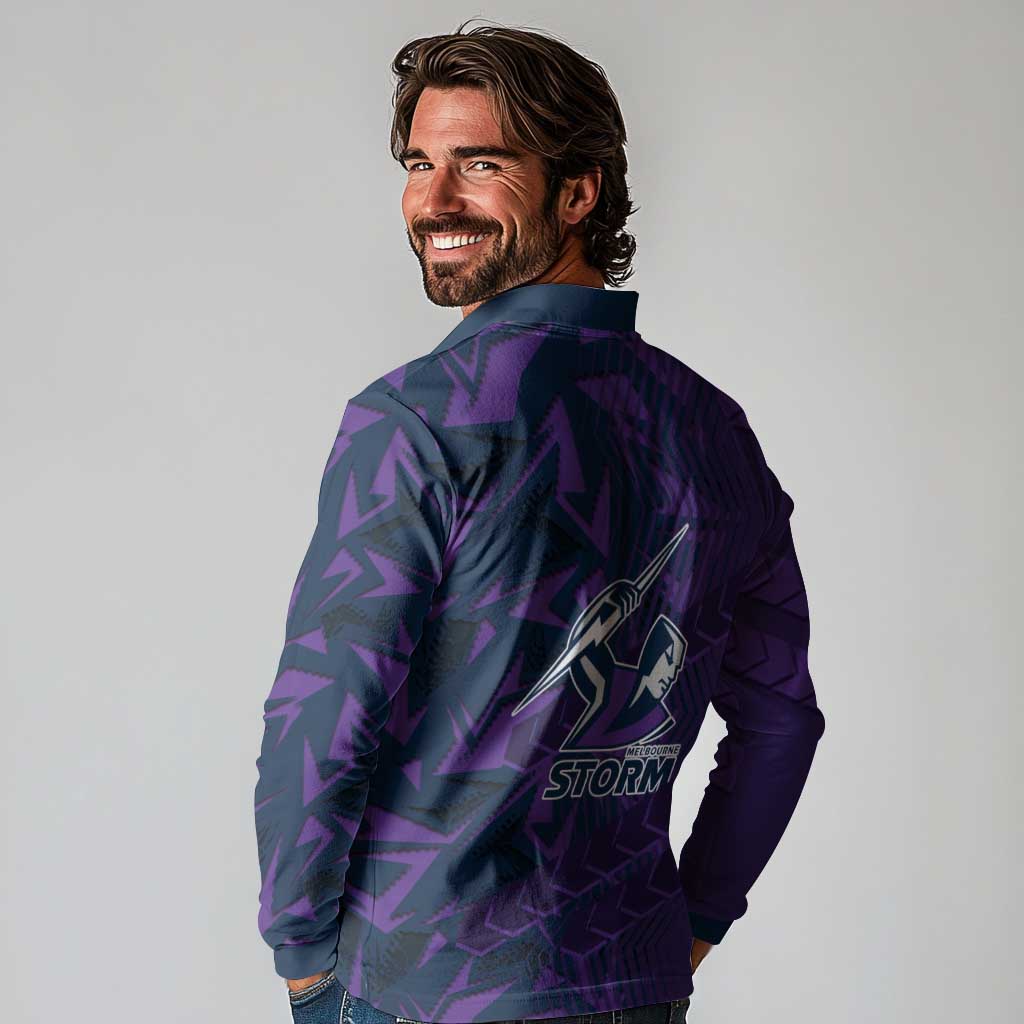 Melbourne Storm Rugby Long Sleeve Polo Shirt Fierce Mascot Geometric Tribal Art