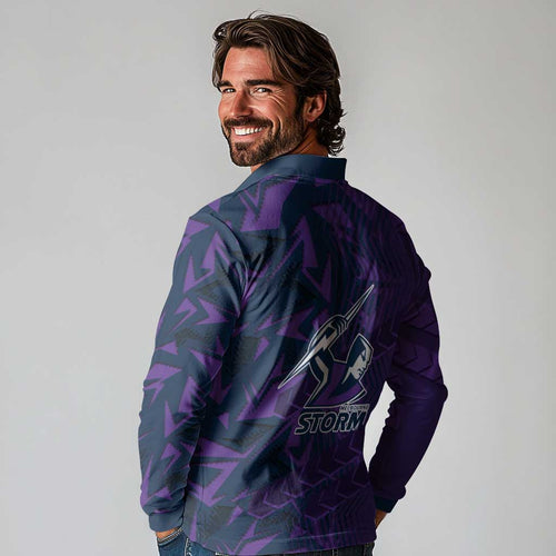 Melbourne Storm Rugby Long Sleeve Polo Shirt Fierce Mascot Geometric Tribal Art