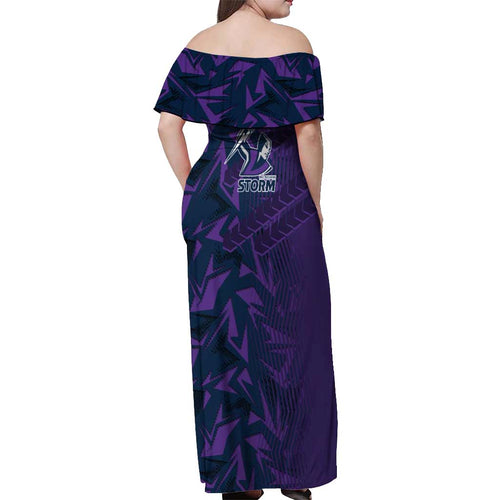 Melbourne Storm Rugby Off Shoulder Maxi Dress Fierce Mascot Geometric Tribal Art