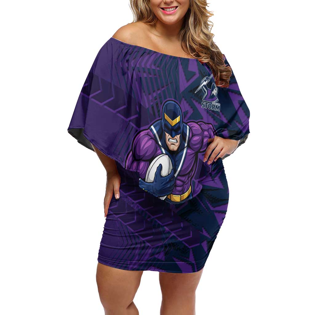 Melbourne Storm Rugby Off Shoulder Short Dress Fierce Mascot Geometric Tribal Art