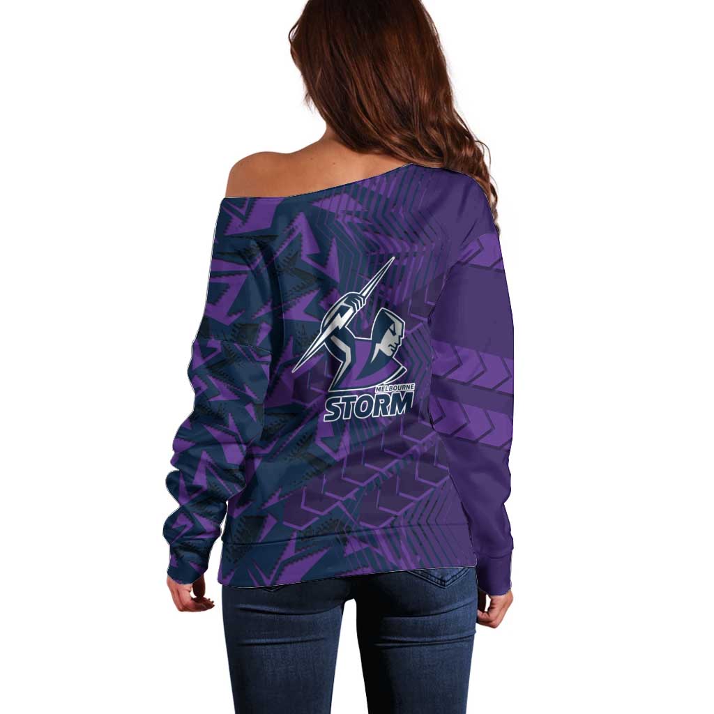 Melbourne Storm Rugby Off Shoulder Sweater Fierce Mascot Geometric Tribal Art