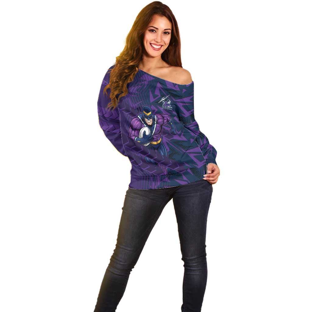 Melbourne Storm Rugby Off Shoulder Sweater Fierce Mascot Geometric Tribal Art