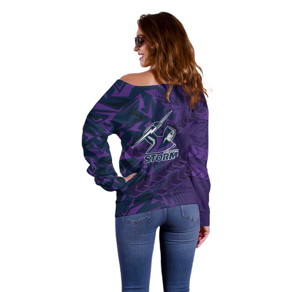 Melbourne Storm Rugby Off Shoulder Sweater Fierce Mascot Geometric Tribal Art