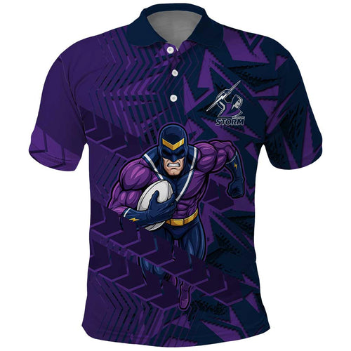 Melbourne Storm Rugby Polo Shirt Fierce Mascot Geometric Tribal Art