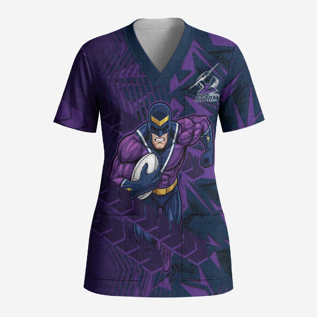 Melbourne Storm Rugby Scrub Top Fierce Mascot Geometric Tribal Art