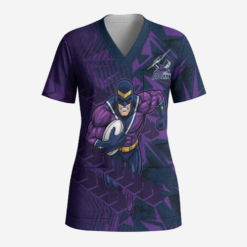 Melbourne Storm Rugby Scrub Top Fierce Mascot Geometric Tribal Art