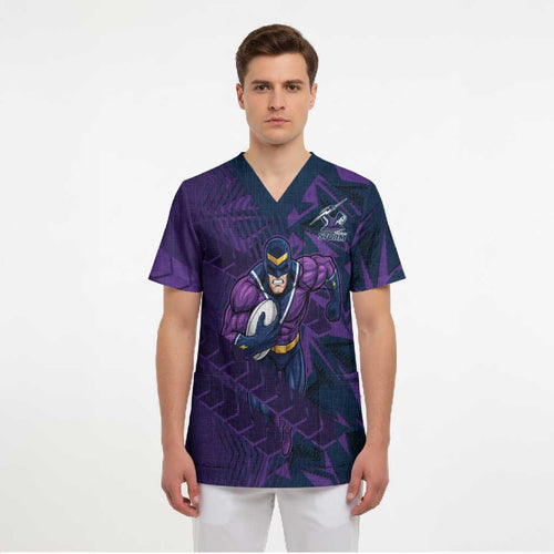 Melbourne Storm Rugby Scrub Top Fierce Mascot Geometric Tribal Art