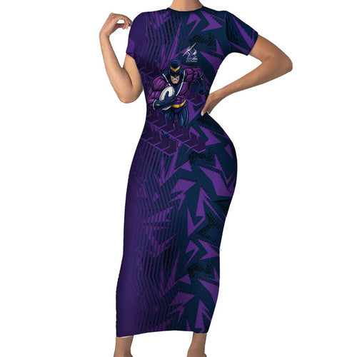 Melbourne Storm Rugby Short Sleeve Bodycon Dress Fierce Mascot Geometric Tribal Art