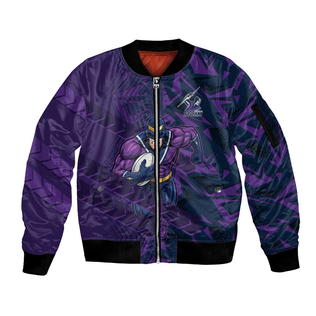 Melbourne Storm Rugby Sleeve Zip Bomber Jacket Fierce Mascot Geometric Tribal Art