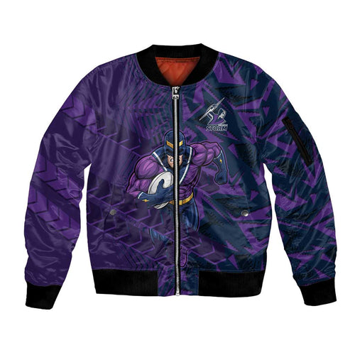 Melbourne Storm Rugby Sleeve Zip Bomber Jacket Fierce Mascot Geometric Tribal Art