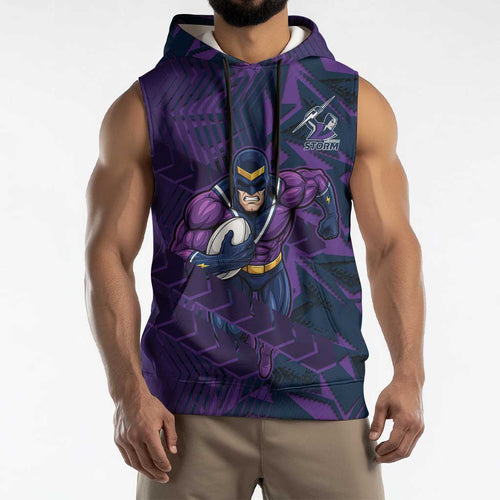 Melbourne Storm Rugby Sleeveless Hoodie Fierce Mascot Geometric Tribal Art