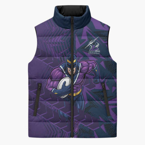 Melbourne Storm Rugby Sleeveless Puffer Jacket Fierce Mascot Geometric Tribal Art