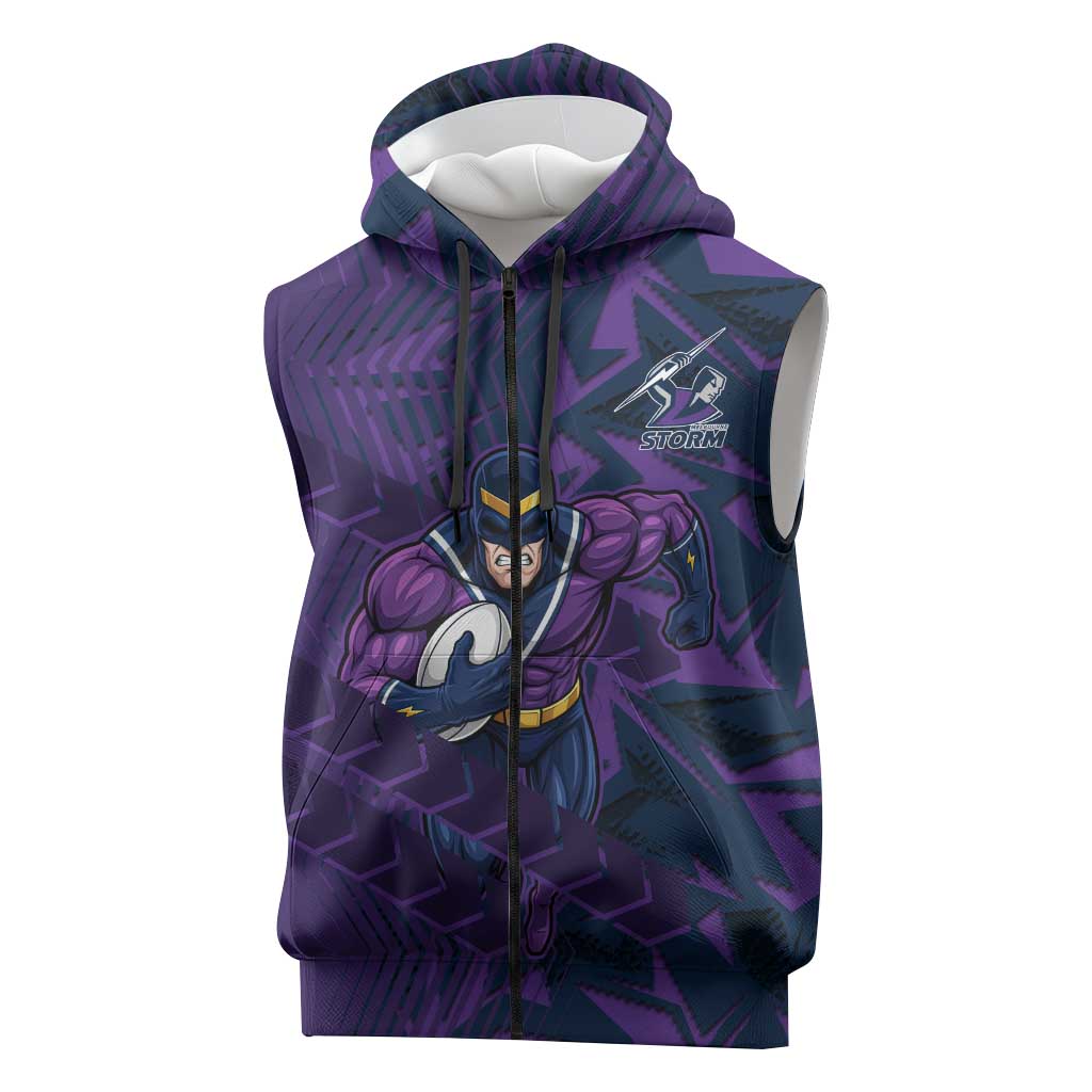 Melbourne Storm Rugby Sleeveless Zip Hoodie Fierce Mascot Geometric Tribal Art