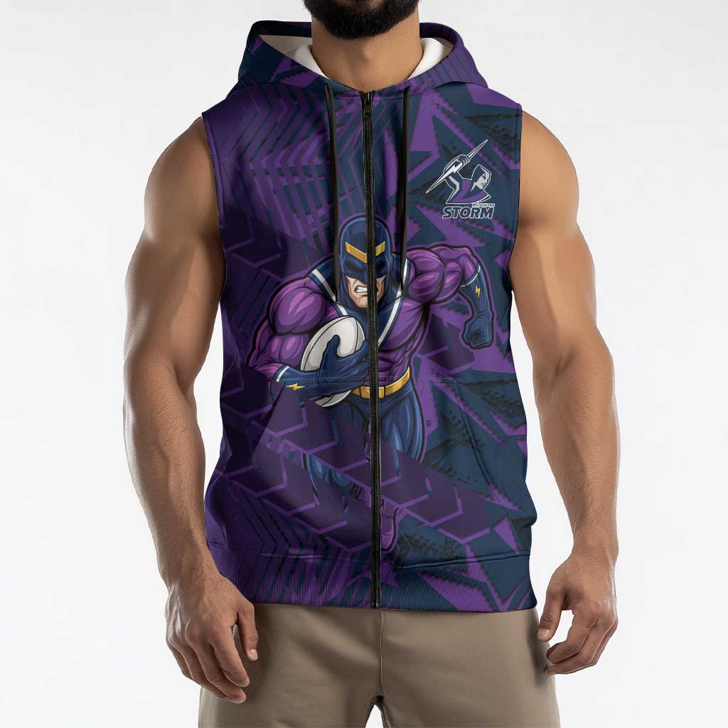 Melbourne Storm Rugby Sleeveless Zip Hoodie Fierce Mascot Geometric Tribal Art