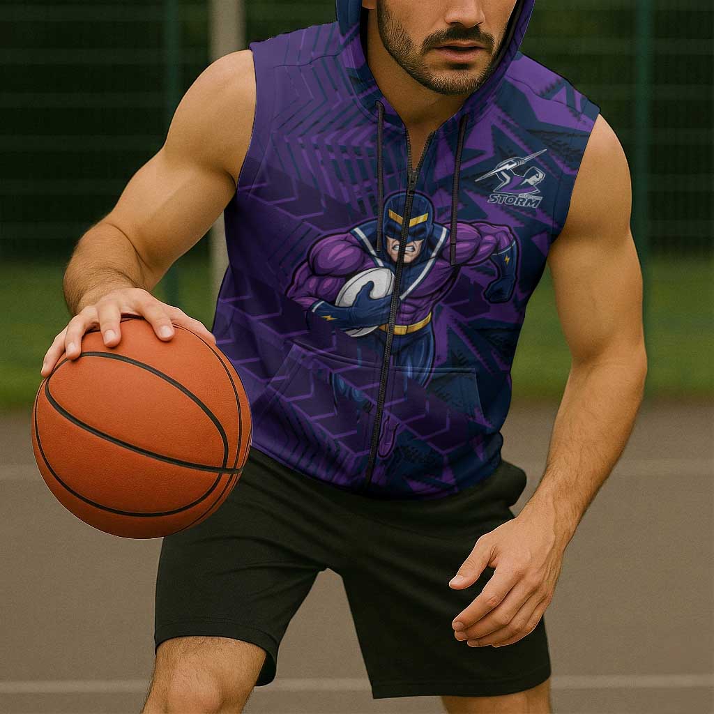 Melbourne Storm Rugby Sleeveless Zip Hoodie Fierce Mascot Geometric Tribal Art