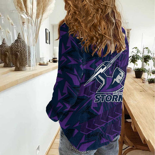 Melbourne Storm Rugby Women Casual Shirt Fierce Mascot Geometric Tribal Art