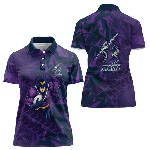 Melbourne Storm Rugby Women Polo Shirt Fierce Mascot Geometric Tribal Art