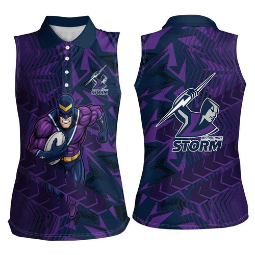 Melbourne Storm Rugby Women Sleeveless Polo Shirt Fierce Mascot Geometric Tribal Art