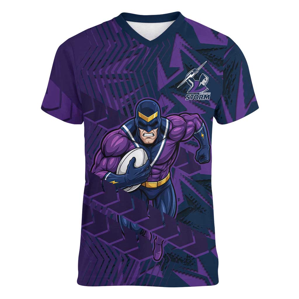 Melbourne Storm Rugby Women V-Neck T-Shirt Fierce Mascot Geometric Tribal Art