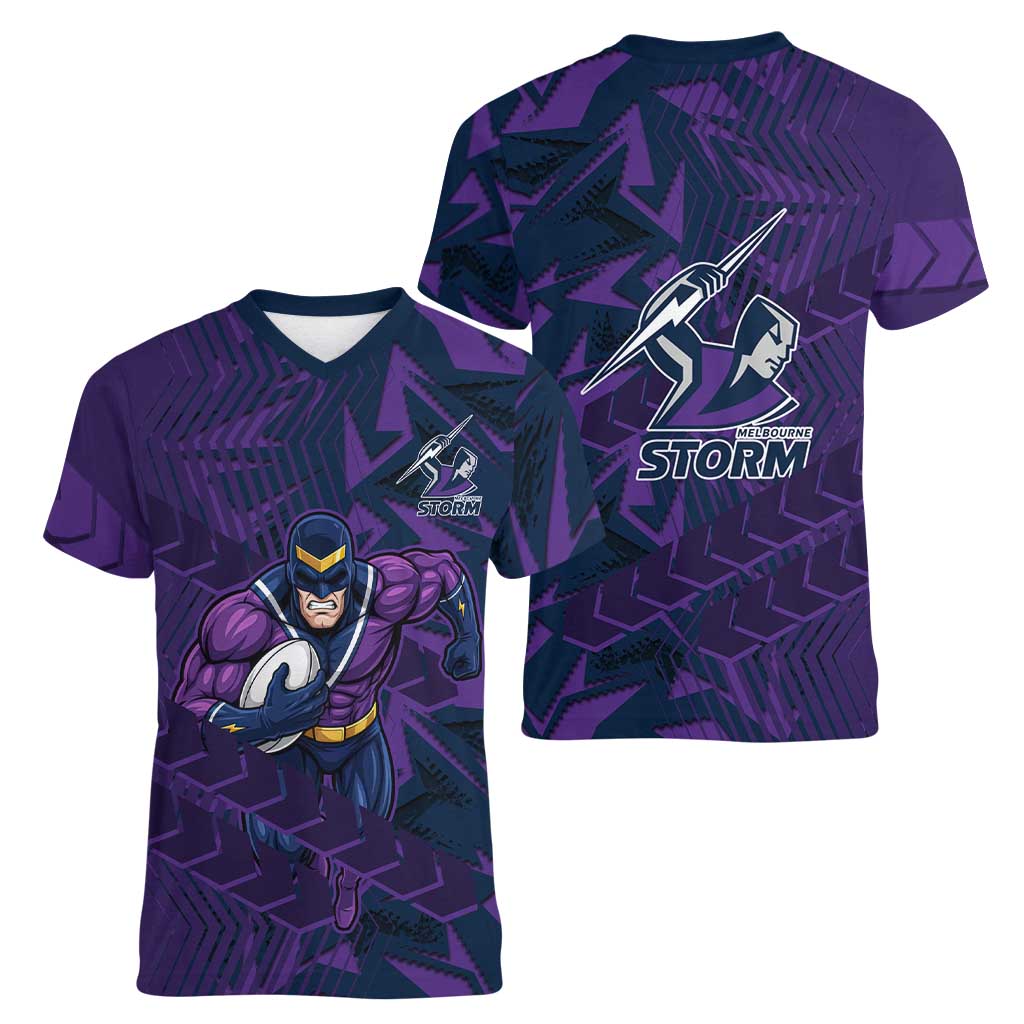 Melbourne Storm Rugby Women V-Neck T-Shirt Fierce Mascot Geometric Tribal Art