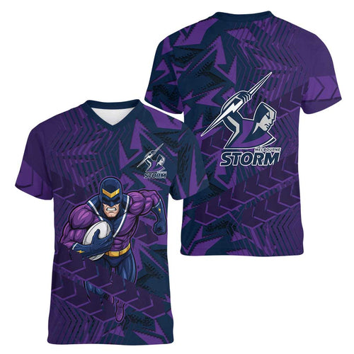 Melbourne Storm Rugby Women V-Neck T-Shirt Fierce Mascot Geometric Tribal Art
