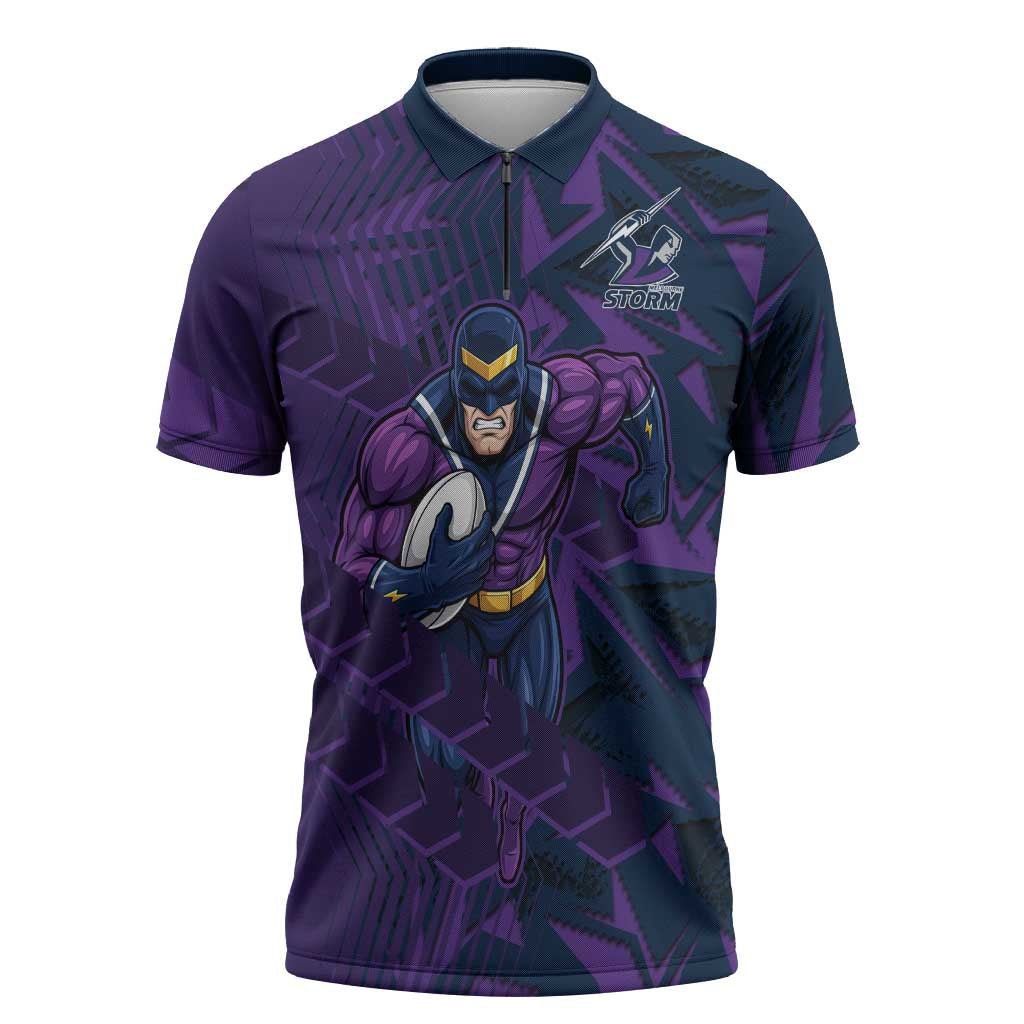 Melbourne Storm Rugby Zipper Polo Shirt Fierce Mascot Geometric Tribal Art