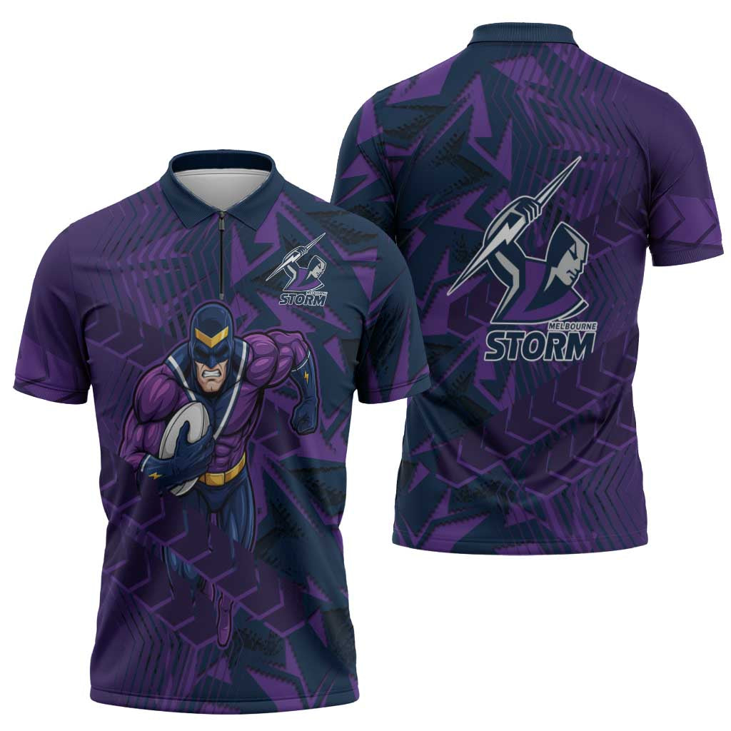 Melbourne Storm Rugby Zipper Polo Shirt Fierce Mascot Geometric Tribal Art