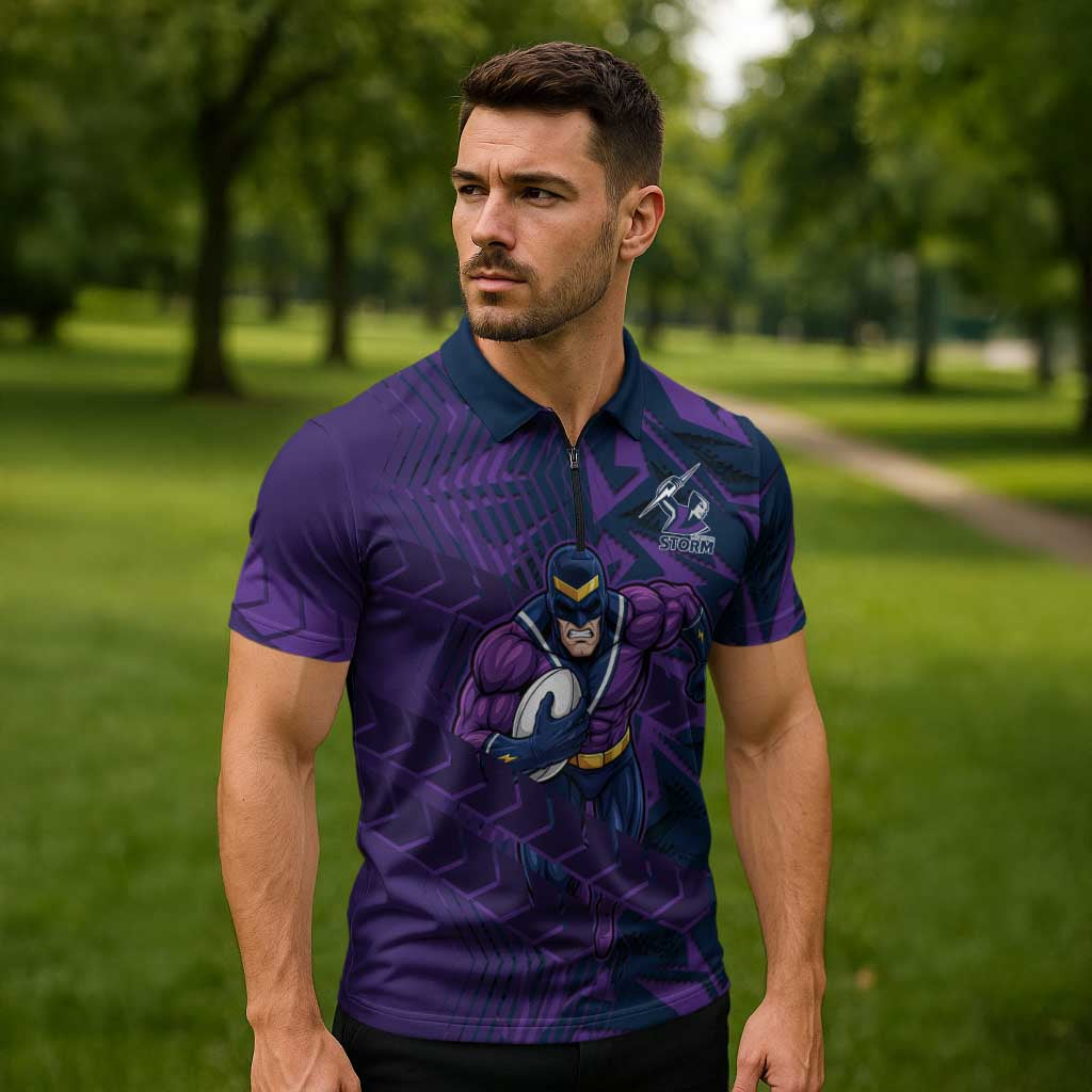 Melbourne Storm Rugby Zipper Polo Shirt Fierce Mascot Geometric Tribal Art