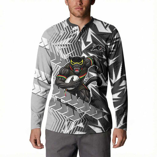 Penrith Panthers Rugby Button Sweatshirt Fierce Mascot Geometric Tribal Art