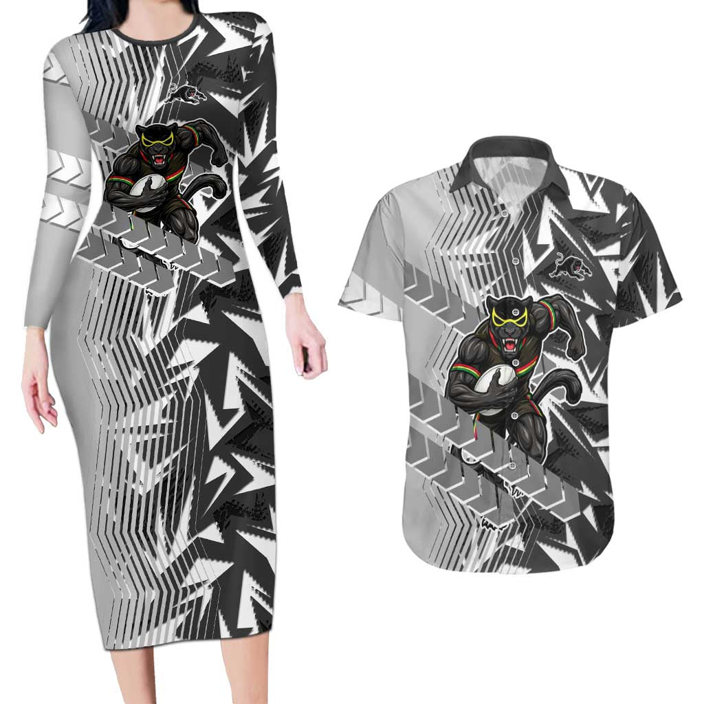 Penrith Panthers Rugby Couples Matching Long Sleeve Bodycon Dress and Hawaiian Shirt Fierce Mascot Geometric Tribal Art