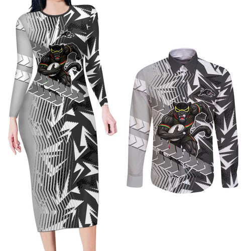 Penrith Panthers Rugby Couples Matching Long Sleeve Bodycon Dress and Long Sleeve Button Shirt Fierce Mascot Geometric Tribal Art