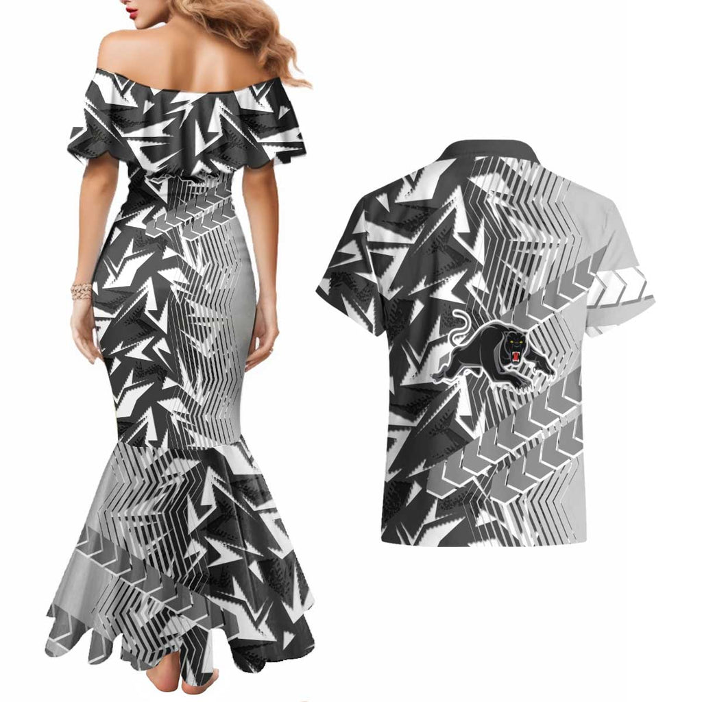 Penrith Panthers Rugby Couples Matching Mermaid Dress and Hawaiian Shirt Fierce Mascot Geometric Tribal Art