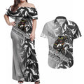 Penrith Panthers Rugby Couples Matching Off Shoulder Maxi Dress and Hawaiian Shirt Fierce Mascot Geometric Tribal Art