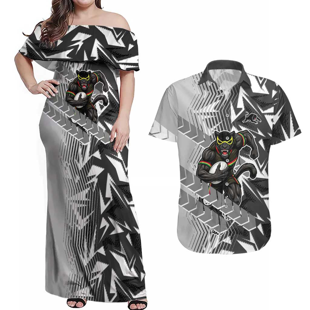 Penrith Panthers Rugby Couples Matching Off Shoulder Maxi Dress and Hawaiian Shirt Fierce Mascot Geometric Tribal Art