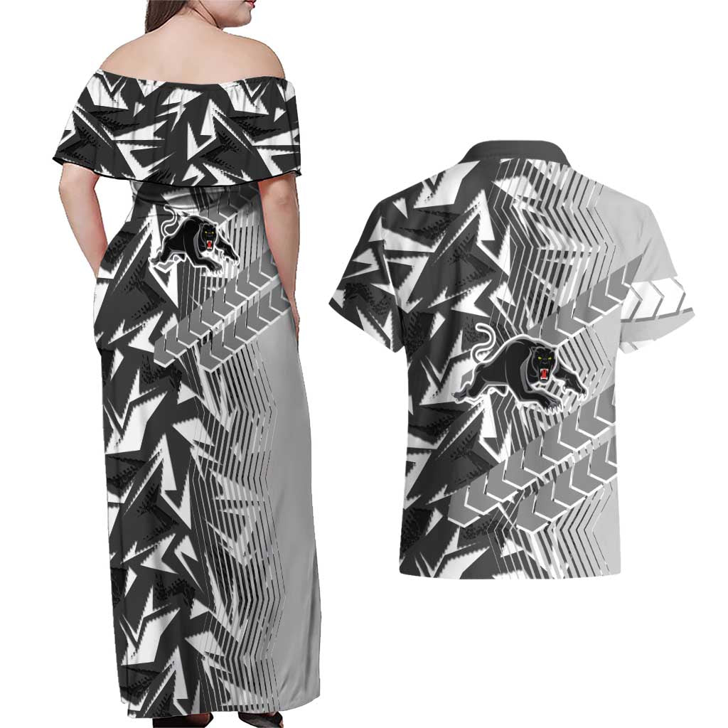 Penrith Panthers Rugby Couples Matching Off Shoulder Maxi Dress and Hawaiian Shirt Fierce Mascot Geometric Tribal Art