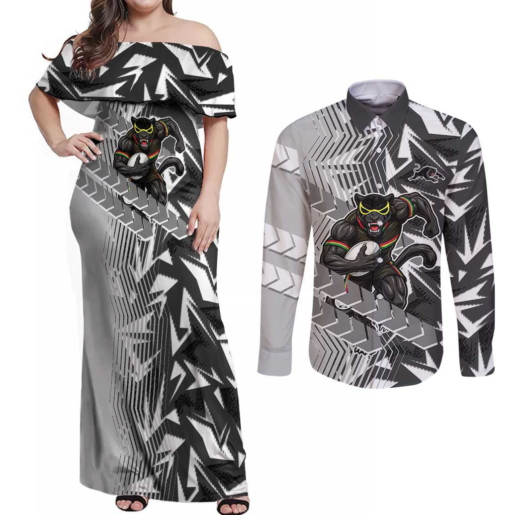 Penrith Panthers Rugby Couples Matching Off Shoulder Maxi Dress and Long Sleeve Button Shirt Fierce Mascot Geometric Tribal Art