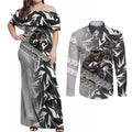Penrith Panthers Rugby Couples Matching Off Shoulder Maxi Dress and Long Sleeve Button Shirt Fierce Mascot Geometric Tribal Art
