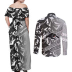 Penrith Panthers Rugby Couples Matching Off Shoulder Maxi Dress and Long Sleeve Button Shirt Fierce Mascot Geometric Tribal Art