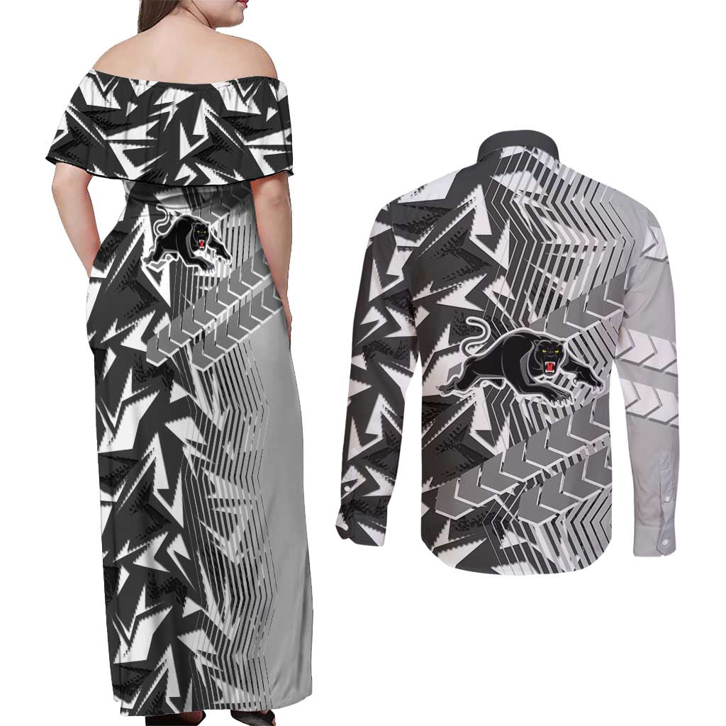 Penrith Panthers Rugby Couples Matching Off Shoulder Maxi Dress and Long Sleeve Button Shirt Fierce Mascot Geometric Tribal Art