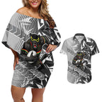 Penrith Panthers Rugby Couples Matching Off Shoulder Short Dress and Hawaiian Shirt Fierce Mascot Geometric Tribal Art