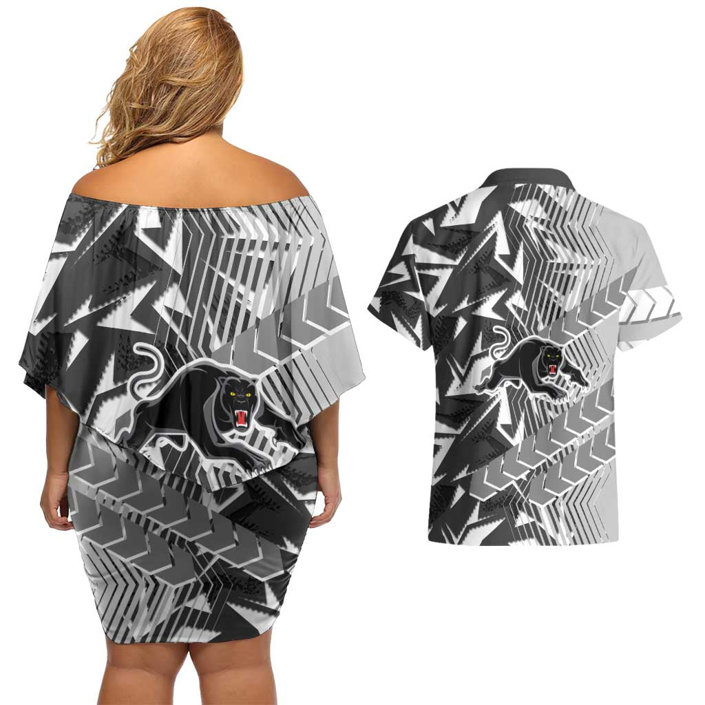 Penrith Panthers Rugby Couples Matching Off Shoulder Short Dress and Hawaiian Shirt Fierce Mascot Geometric Tribal Art