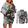 Penrith Panthers Rugby Couples Matching Off Shoulder Short Dress and Long Sleeve Button Shirt Fierce Mascot Geometric Tribal Art