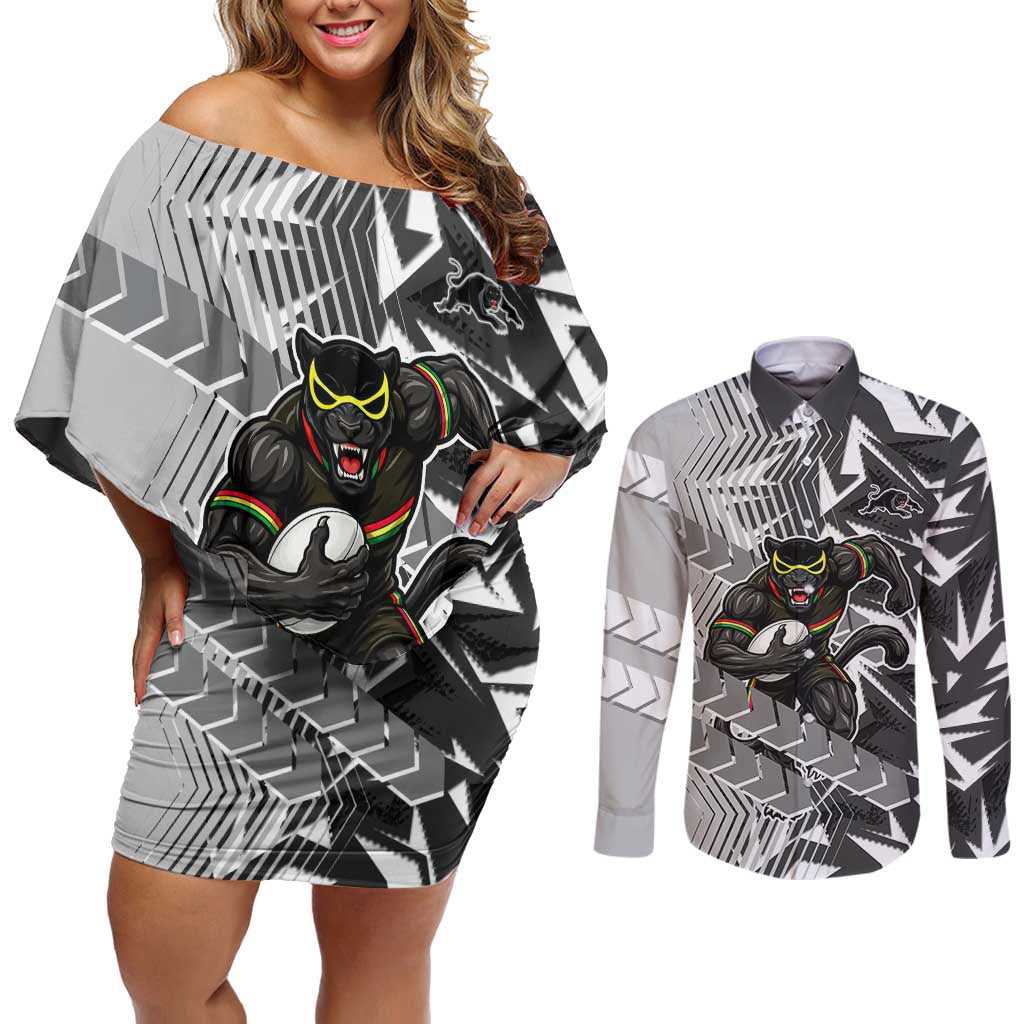 Penrith Panthers Rugby Couples Matching Off Shoulder Short Dress and Long Sleeve Button Shirt Fierce Mascot Geometric Tribal Art