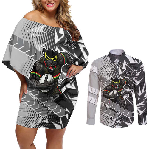 Penrith Panthers Rugby Couples Matching Off Shoulder Short Dress and Long Sleeve Button Shirt Fierce Mascot Geometric Tribal Art