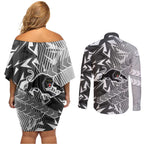 Penrith Panthers Rugby Couples Matching Off Shoulder Short Dress and Long Sleeve Button Shirt Fierce Mascot Geometric Tribal Art