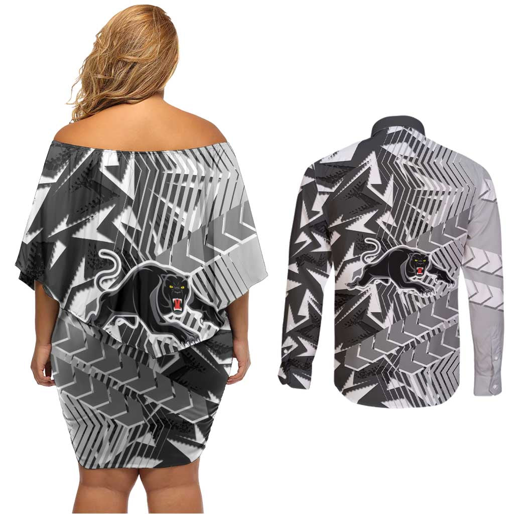 Penrith Panthers Rugby Couples Matching Off Shoulder Short Dress and Long Sleeve Button Shirt Fierce Mascot Geometric Tribal Art